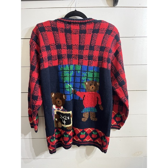 VTG PBJ Sport Sweater School Days Teddy Bears Large Cotton Blend Cardigan Red - Picture 4 of 7
